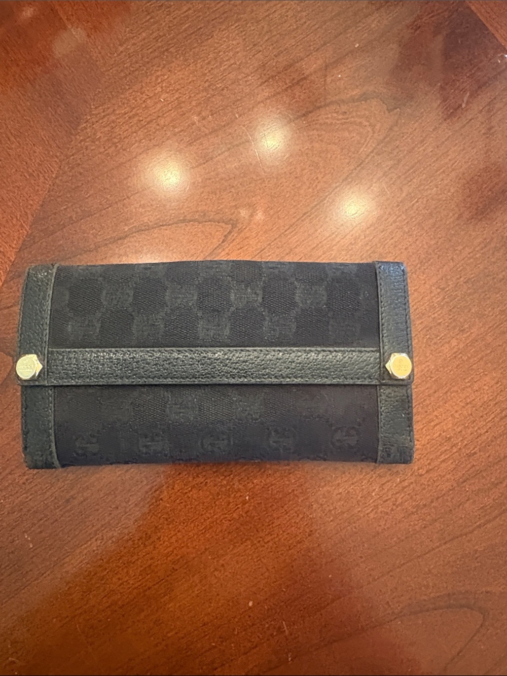 Gucci Black GG Canvas Continental Clutch Wallet with Gold Accents
